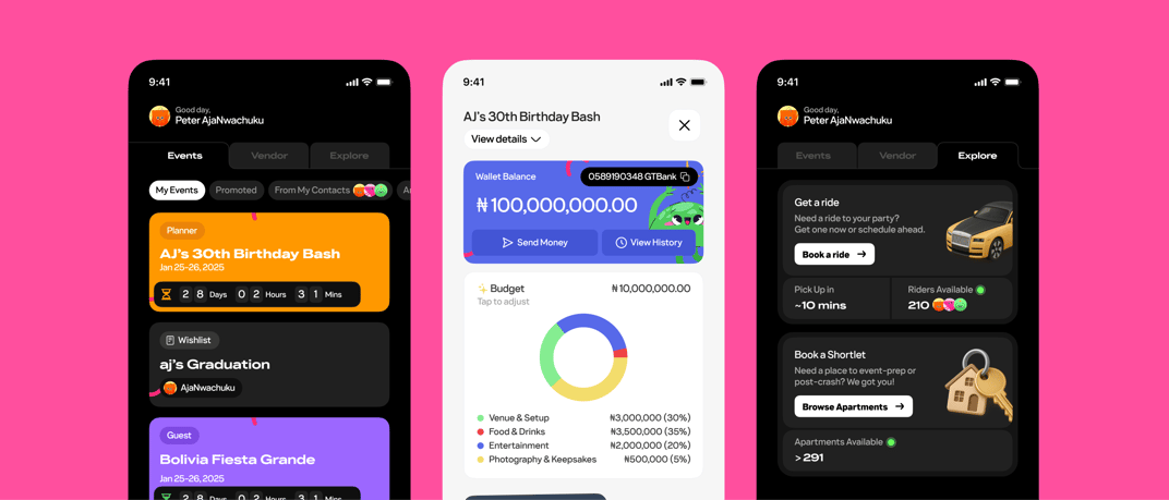 Three iterations of the Partyverse mobile product on a pink background