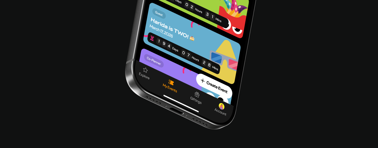 Partyverse mobile app shown at an angle on a dark background