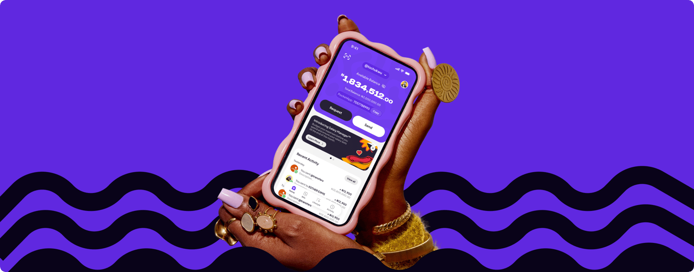 A hand holding the Pocket home screen against purple artwork and dark waves