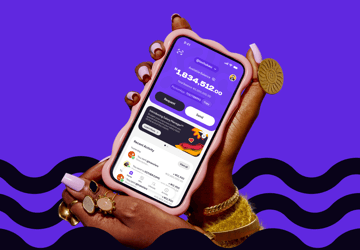 A hand holding the Pocket home screen against purple artwork and dark waves