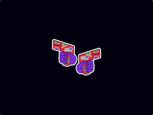 Two illustrated purple hands holding colourful cash cannons