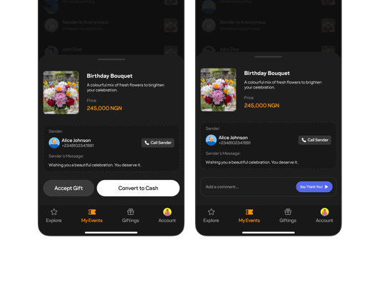 Partyverse gift details and thank-you flow