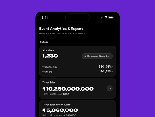 Partyverse event analytics and downloadable event report interface
