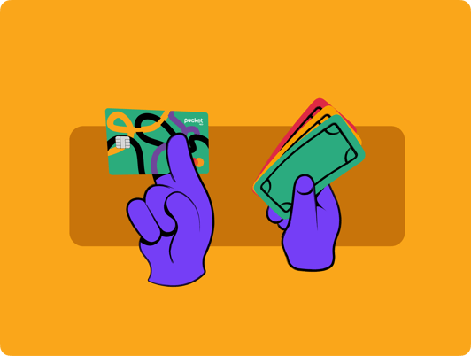 Illustrated hands exchanging a Pocket card and wallet